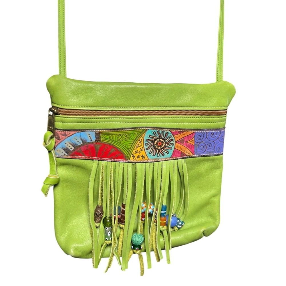 Y2K VTG Lime Green Leather Hand Painted Fringe Beaded‎ Crossbody Bag Boho Hippie